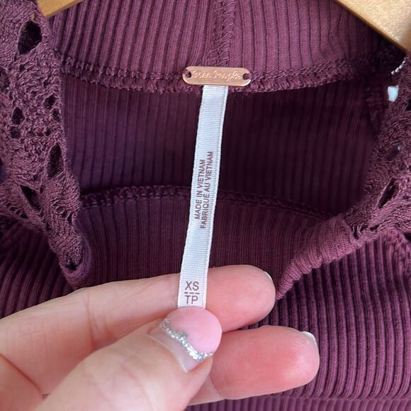 Free People Shirt Womens XS Clementine Ribbed Mixed Media Burgundy Top - Picture 4 of 8